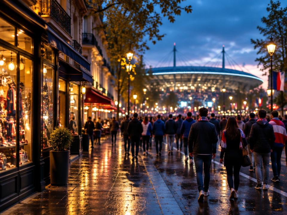 Rue commerçante animée un soir d'événement