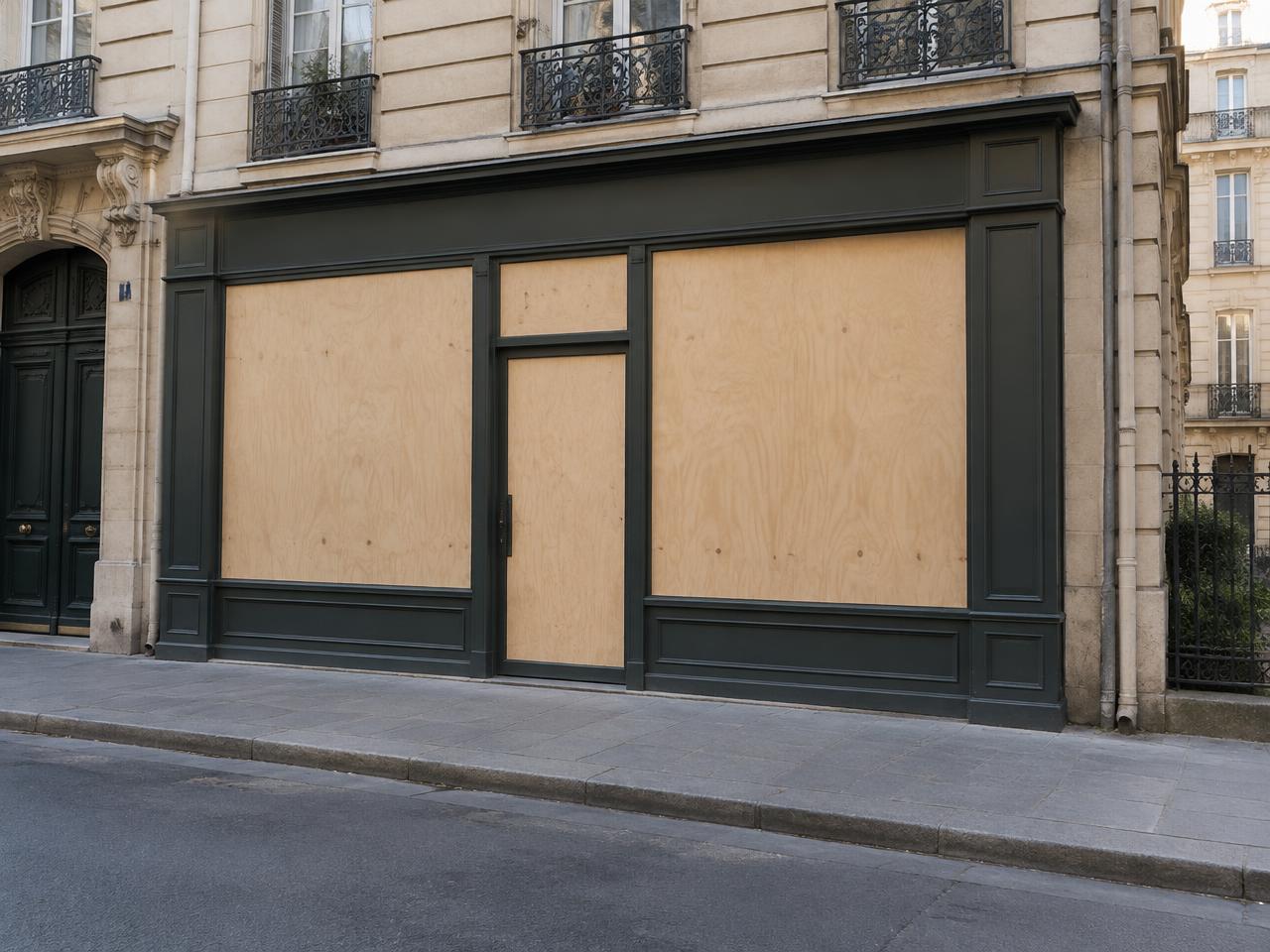 Vitrine de commerce parisien protégée par des panneaux de bois